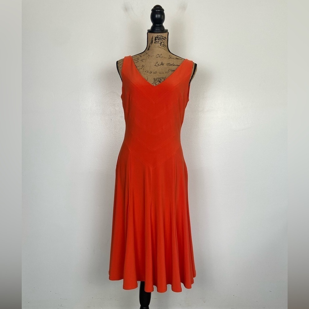 Lauren Ralph Lauren Knit Midi Dress Size 8 Orange Fit & Flare Sleeveless V-Neck